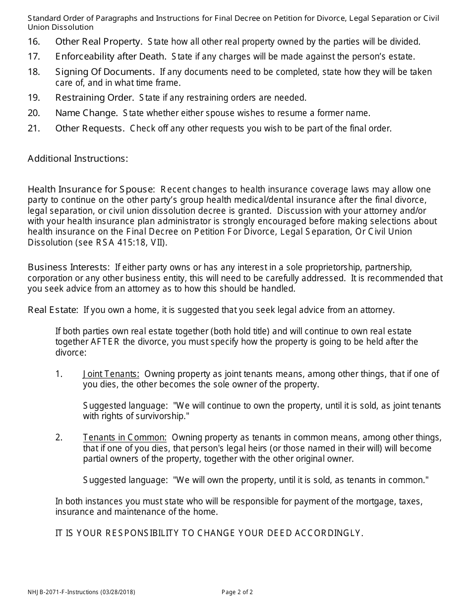 Instructions for Form NHJB-2071-F Final Decree on Divorce, Legal Separation, or Civil Union Dissolution - New Hampshire, Page 2