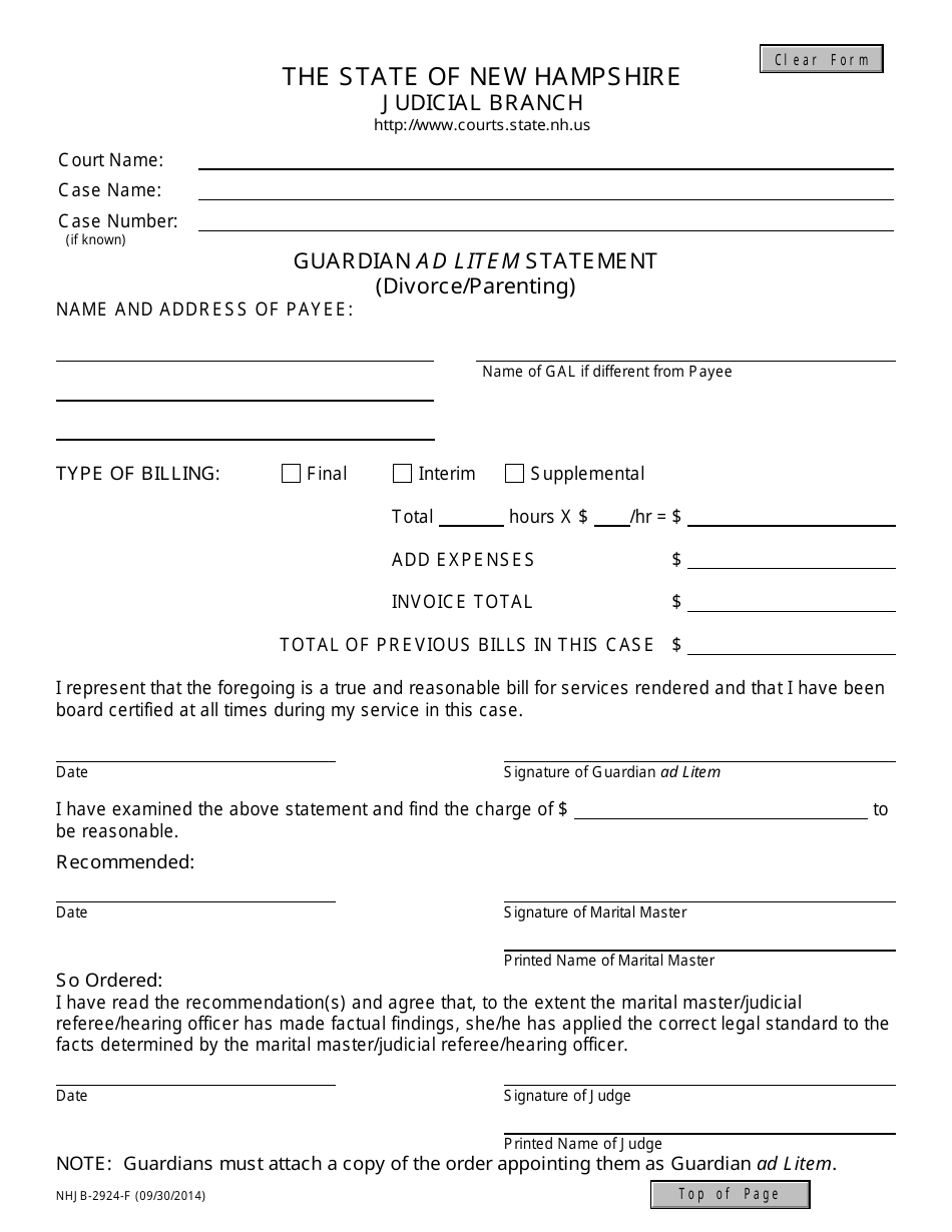Form NHJB-2924-F Guardian Ad Litem Statement (Divorce / Parenting) - New Hampshire, Page 1