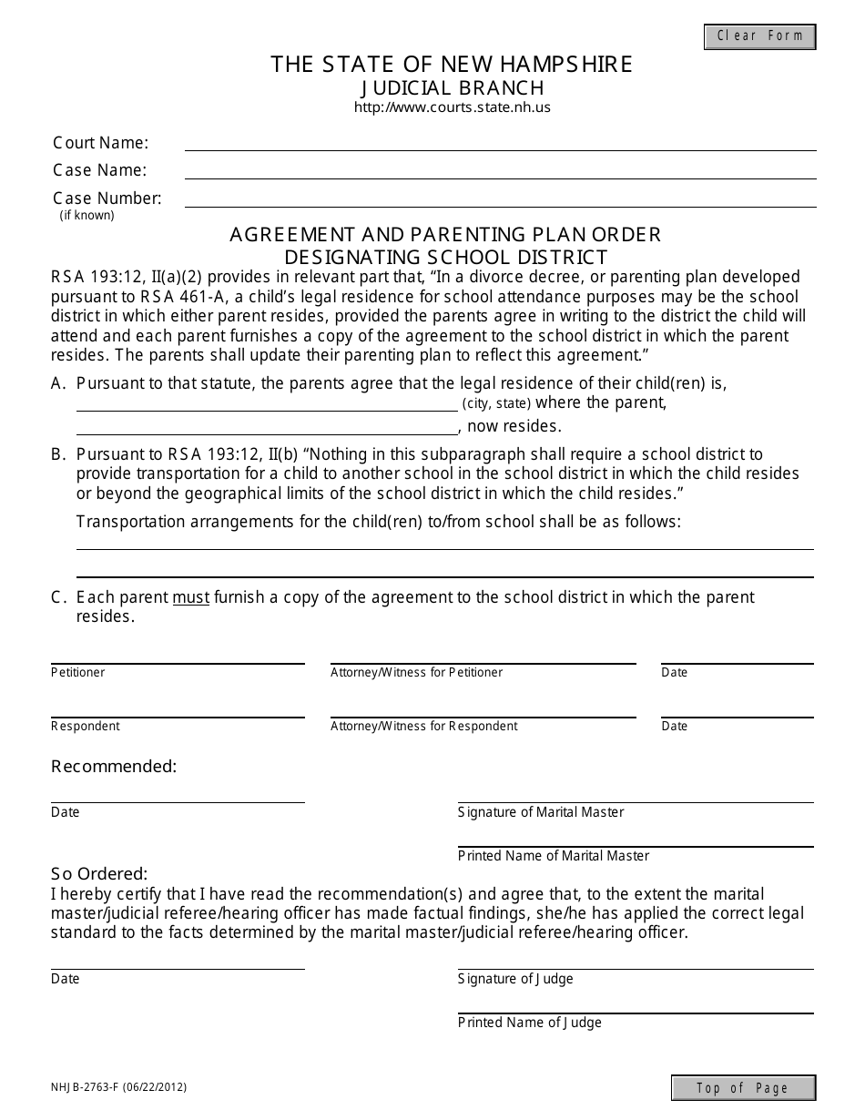 Form NHJB-2763-F Agreement and Parenting Plan Order Designating School District - New Hampshire, Page 1