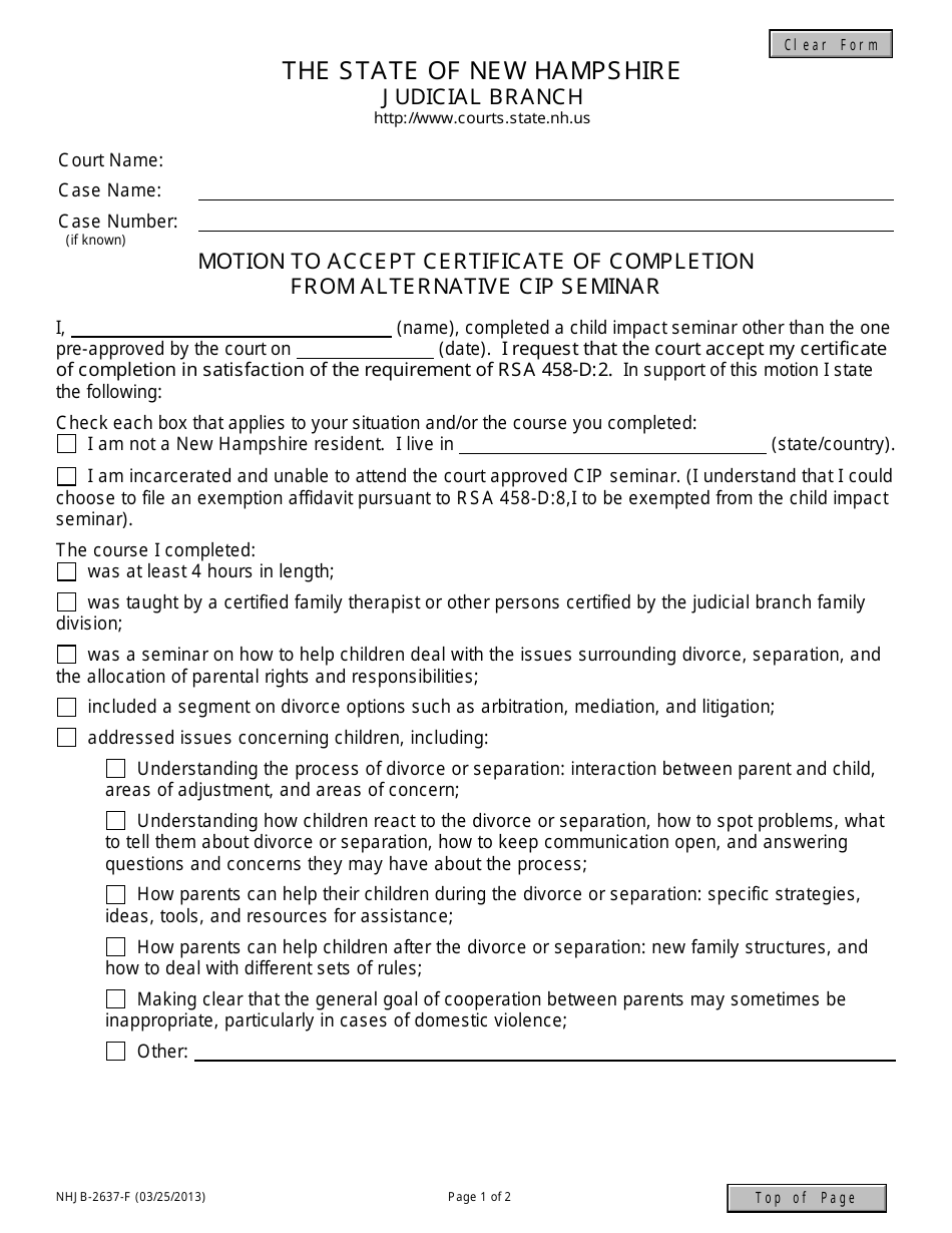 Form NHJB-2637-F Motion to Accept Certificate of Completion From Alternative Cip Seminar - New Hampshire, Page 1