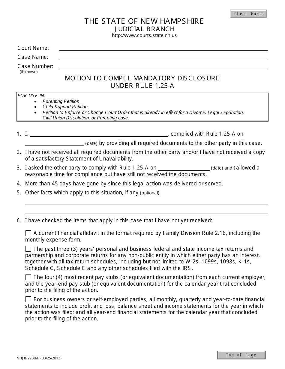 Form NHJB-2739-F Motion to Compel Mandatory Disclosure Under Family Rule 1.25-a (Parenting) - New Hampshire, Page 1