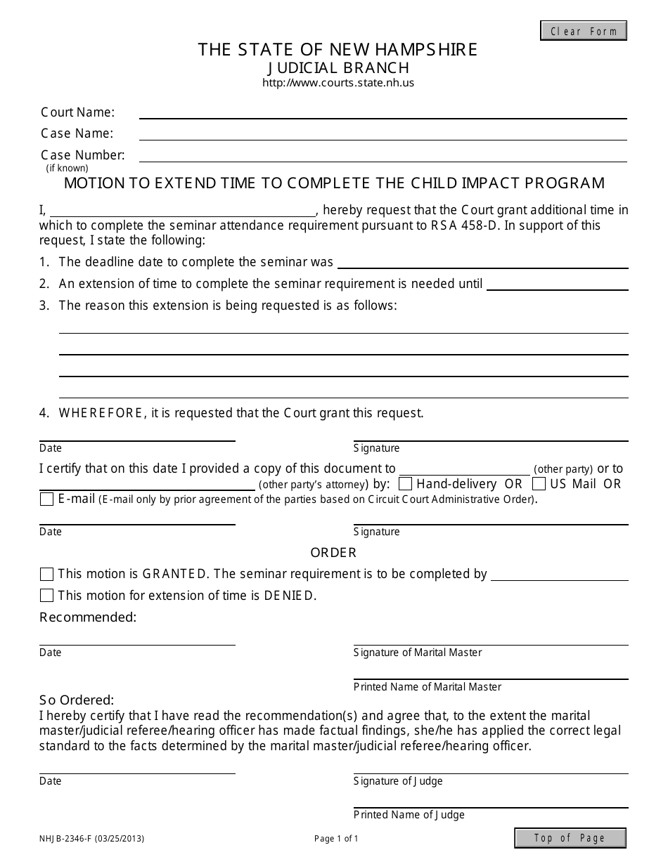 Form NHJB-2346-F Motion to Extend Time to Complete Child Impact Program - New Hampshire, Page 1