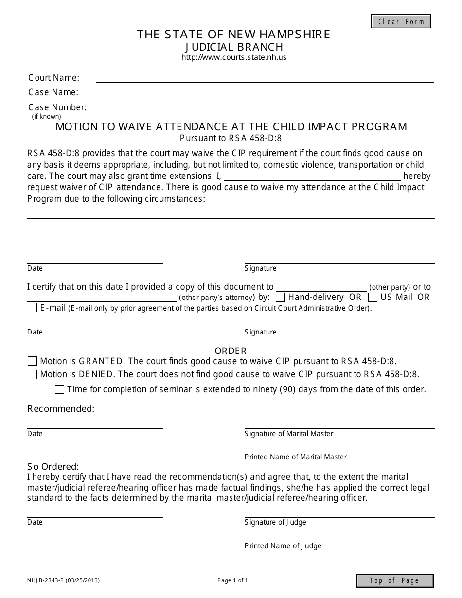 Form NHJB-2343-F Motion to Waive Attendance at the Child Impact Program - New Hampshire, Page 1