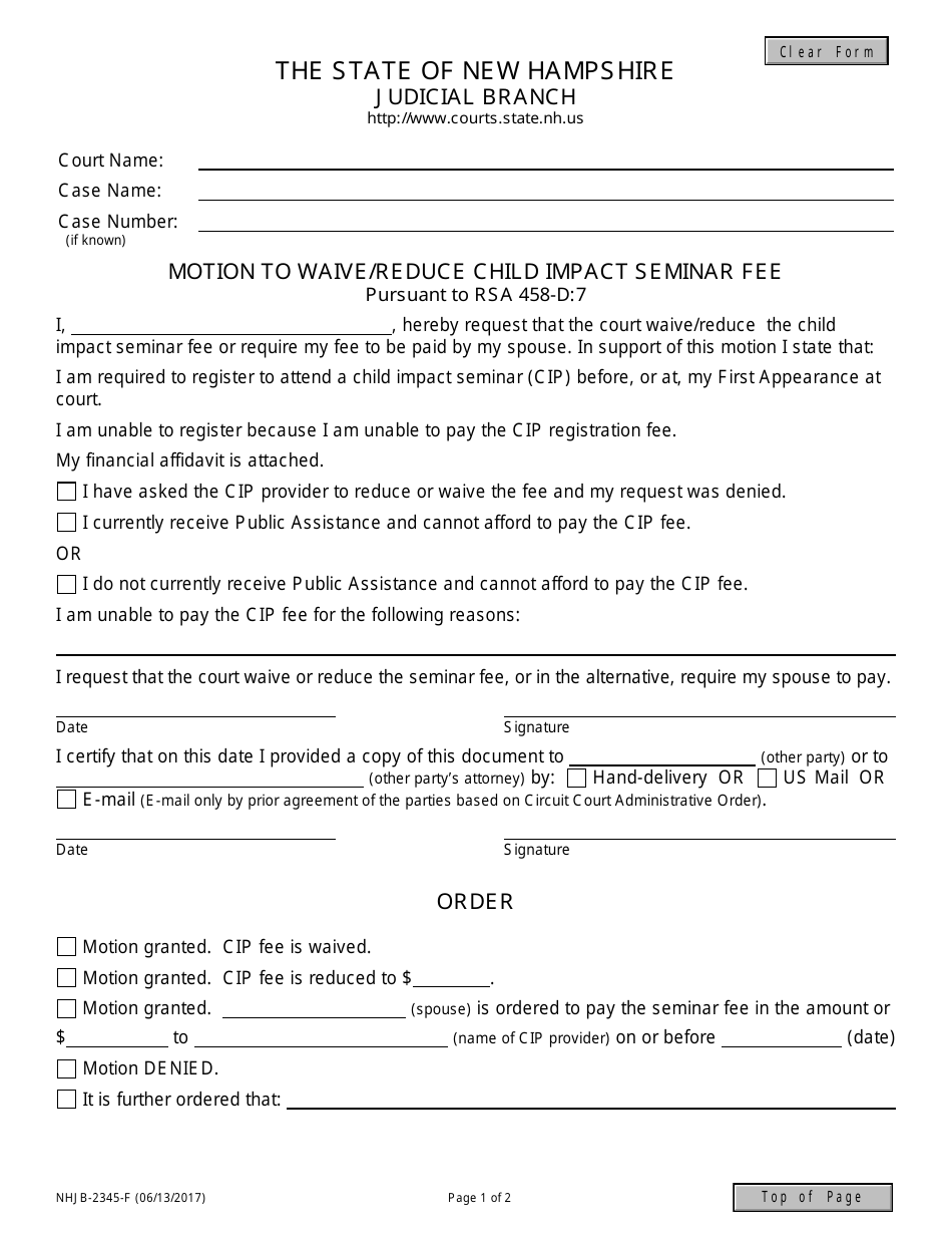 Form NHJB-2345-F Motion to Waive/Reduce Child Impact Seminar Fee - New Hampshire, Page 1
