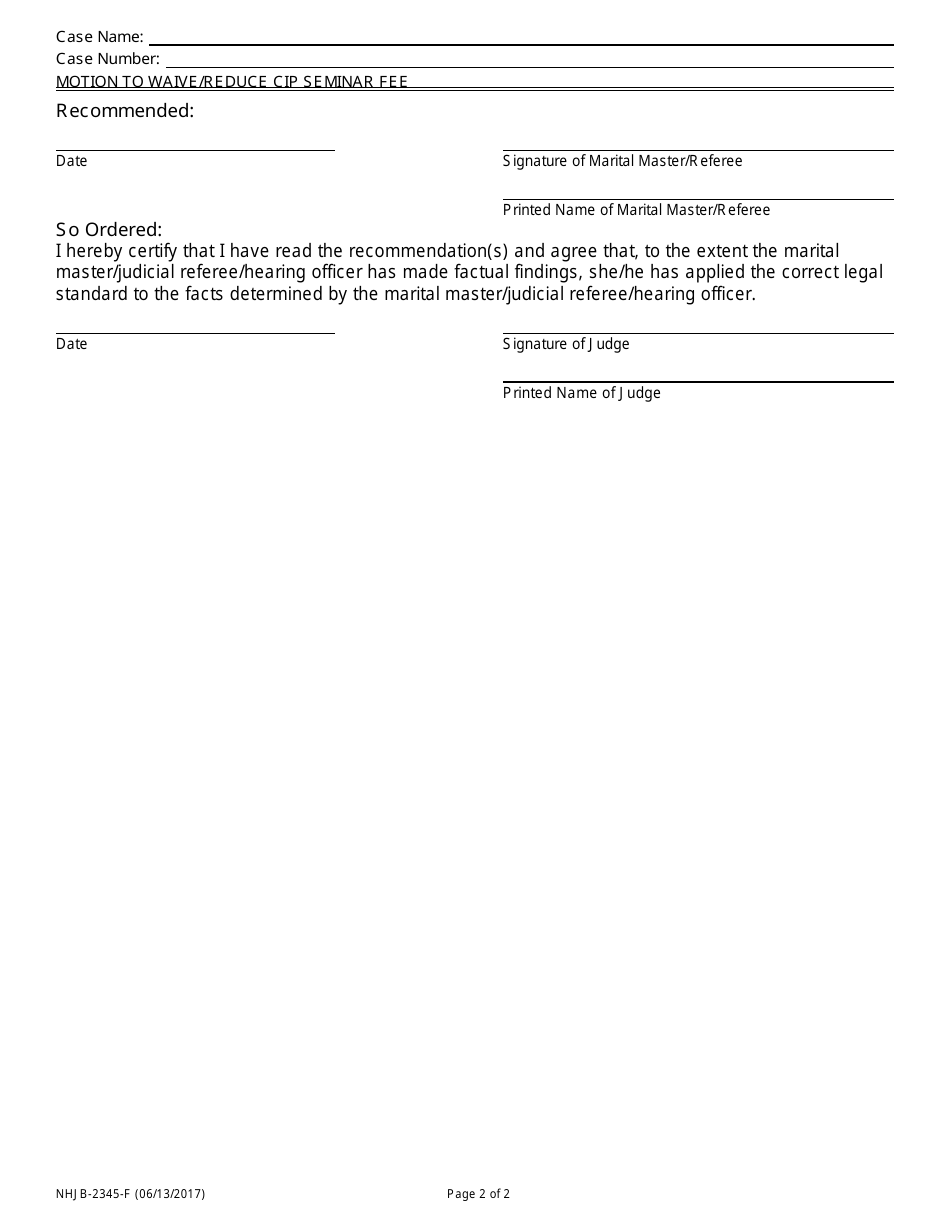 Form NHJB-2345-F Motion to Waive / Reduce Child Impact Seminar Fee - New Hampshire, Page 2