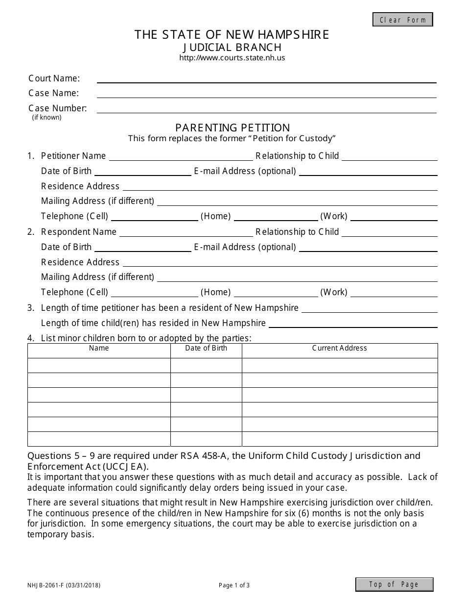 Form NHJB-2061-F Parenting Petition - New Hampshire, Page 1