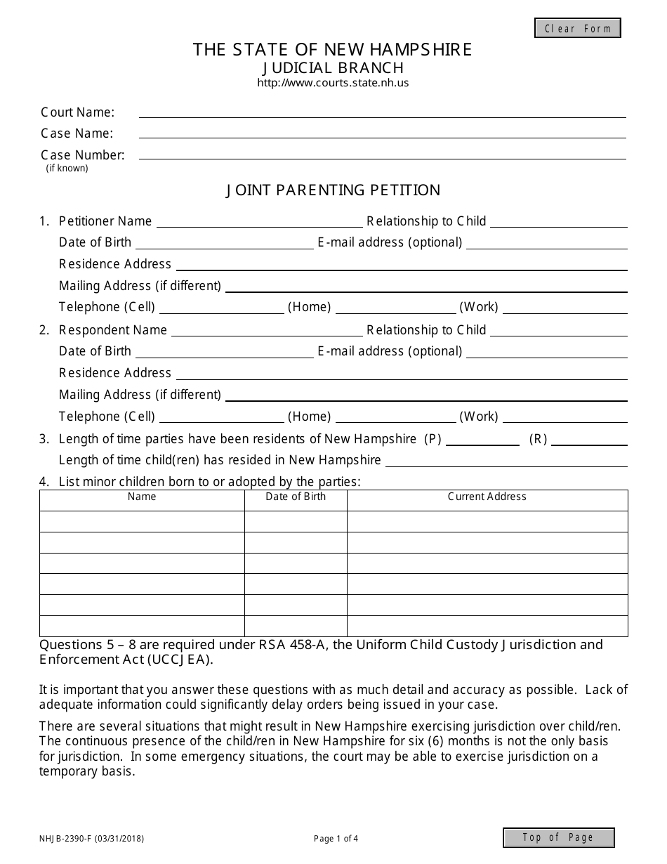 Form NHJB-2390-F Joint Parenting Petition - New Hampshire, Page 1
