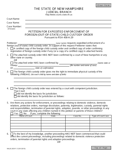 Form NHJB-2659-F Petition for Expedited Enforcement of Foreign (Out of State) Custody Order - New Hampshire