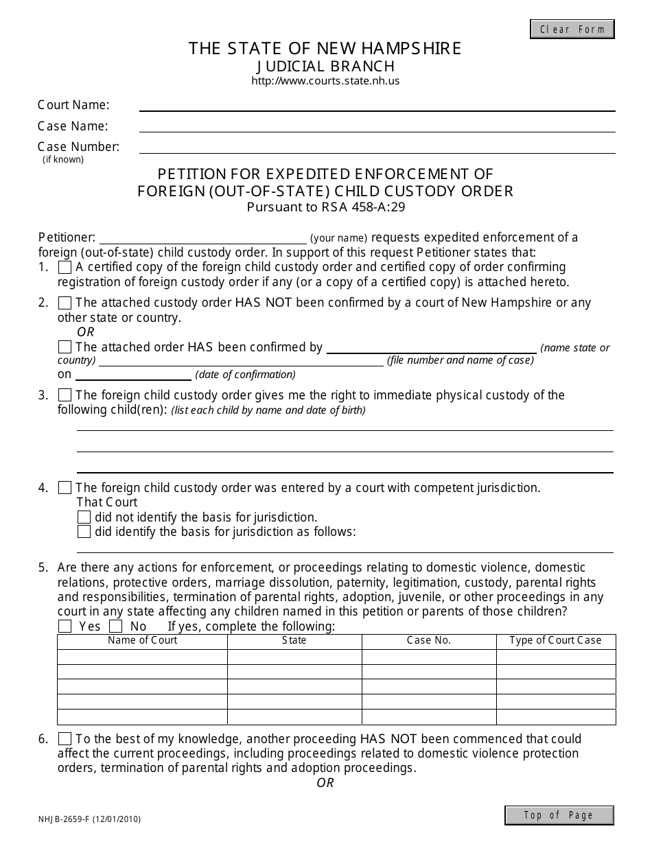 Form NHJB-2659-F Petition for Expedited Enforcement of Foreign (Out of State) Custody Order - New Hampshire, Page 1