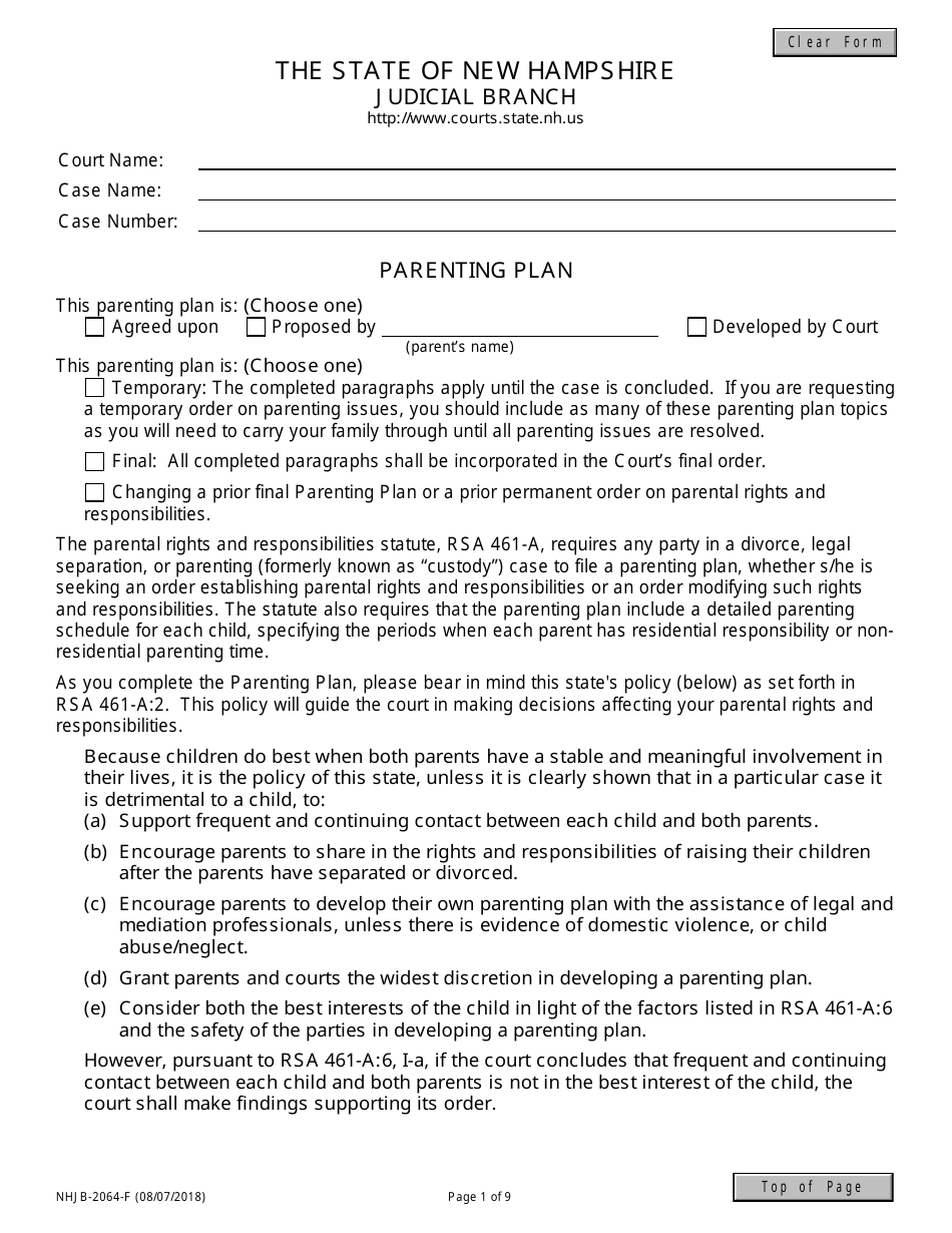 Form NHJB-2064-F Parenting Plan - New Hampshire, Page 1