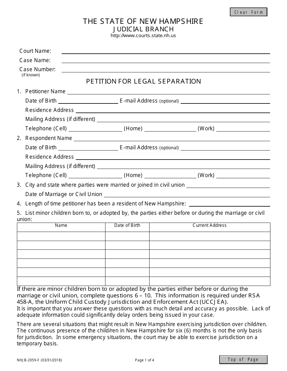 Form NHJB-2059-F Petition for Legal Separation - New Hampshire, Page 1
