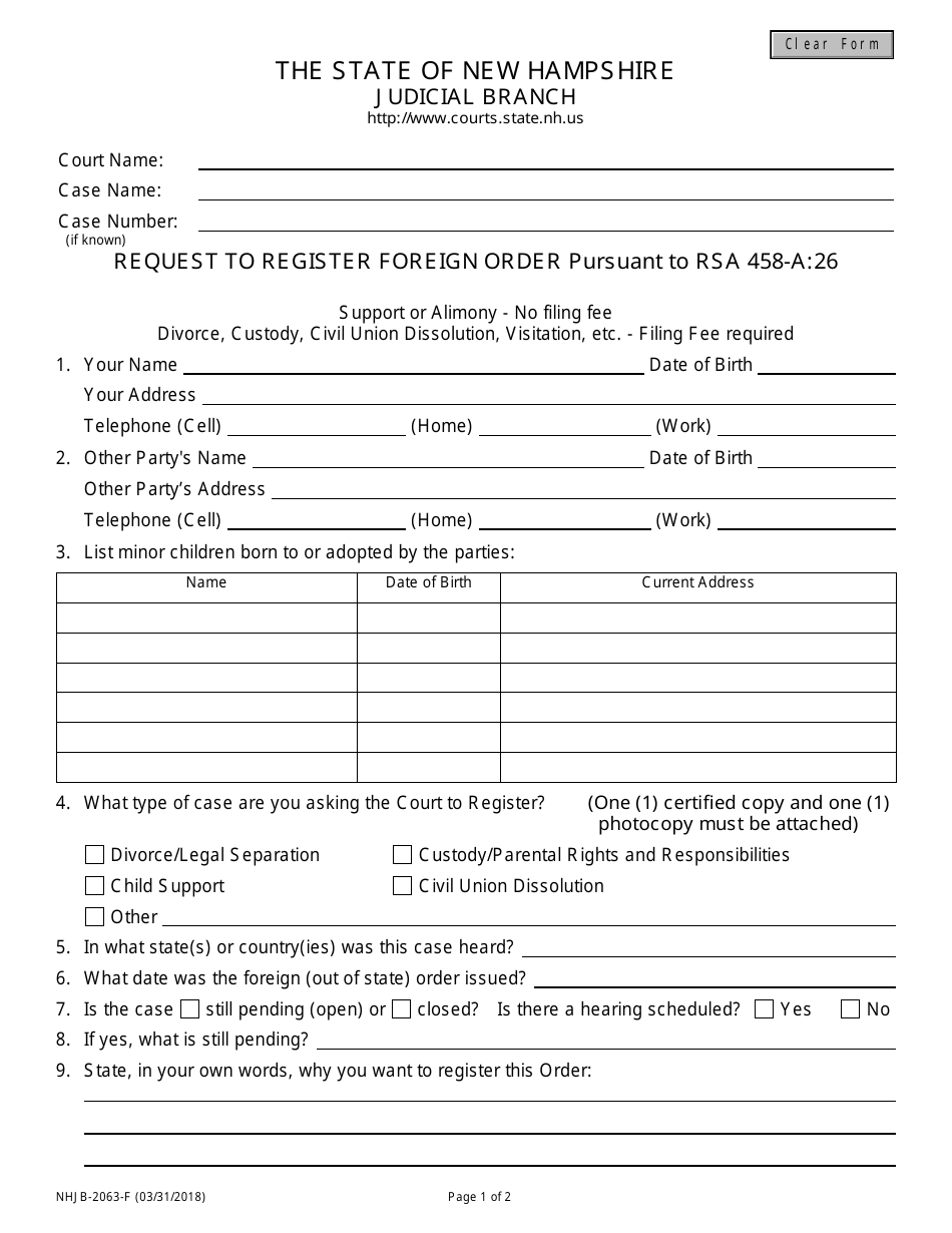 Form NHJB-2063-F Petition to Register Foreign Order - New Hampshire, Page 1