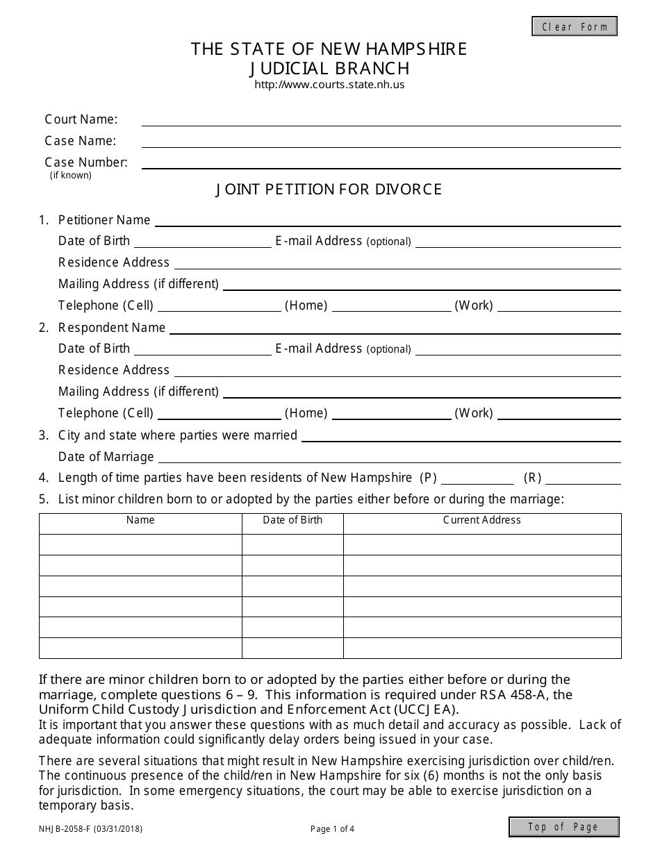 Form NHJB-2058-F Joint Petition for Divorce - New Hampshire, Page 1