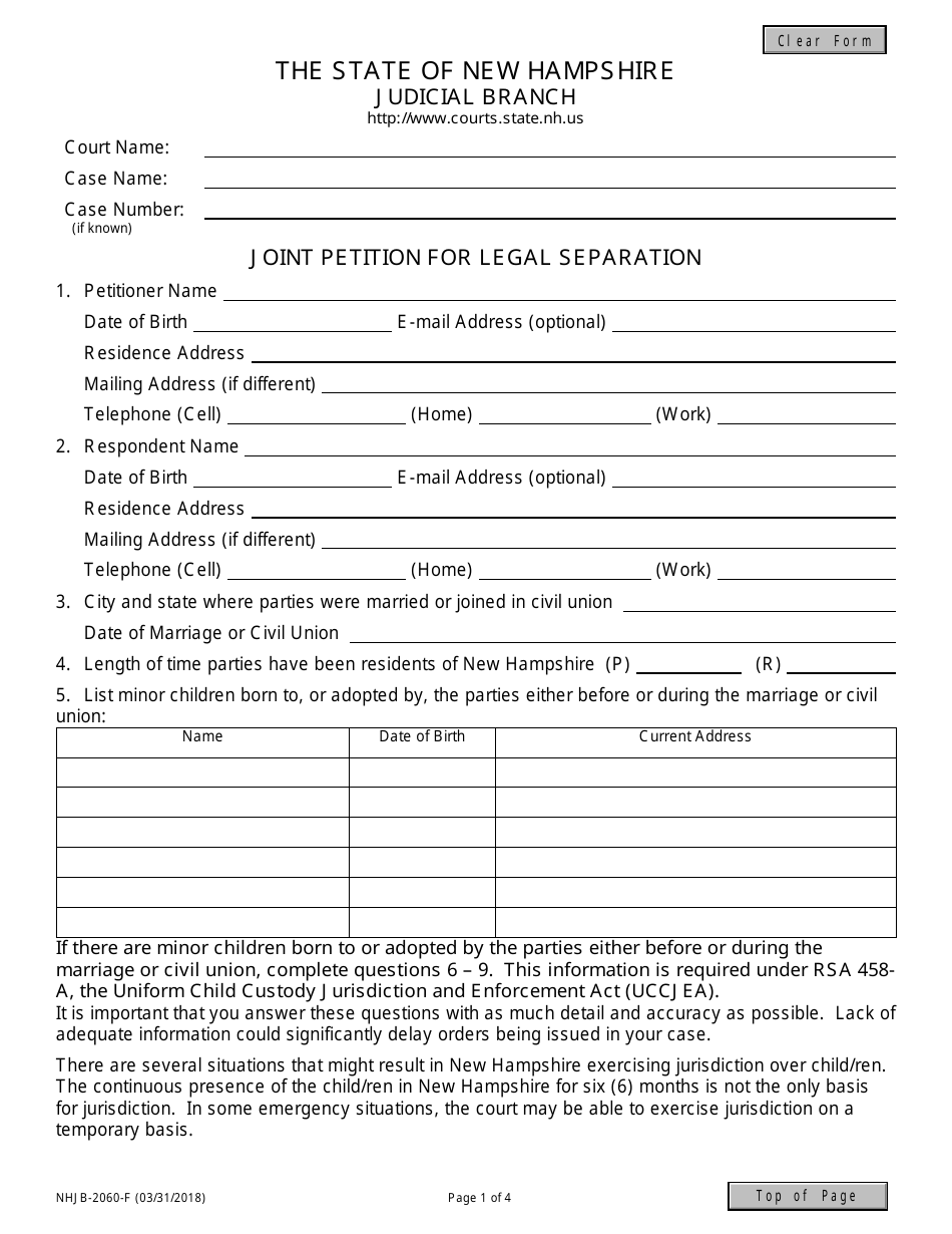 Form NHJB-2060-F Joint Petition for Legal Separation - New Hampshire, Page 1