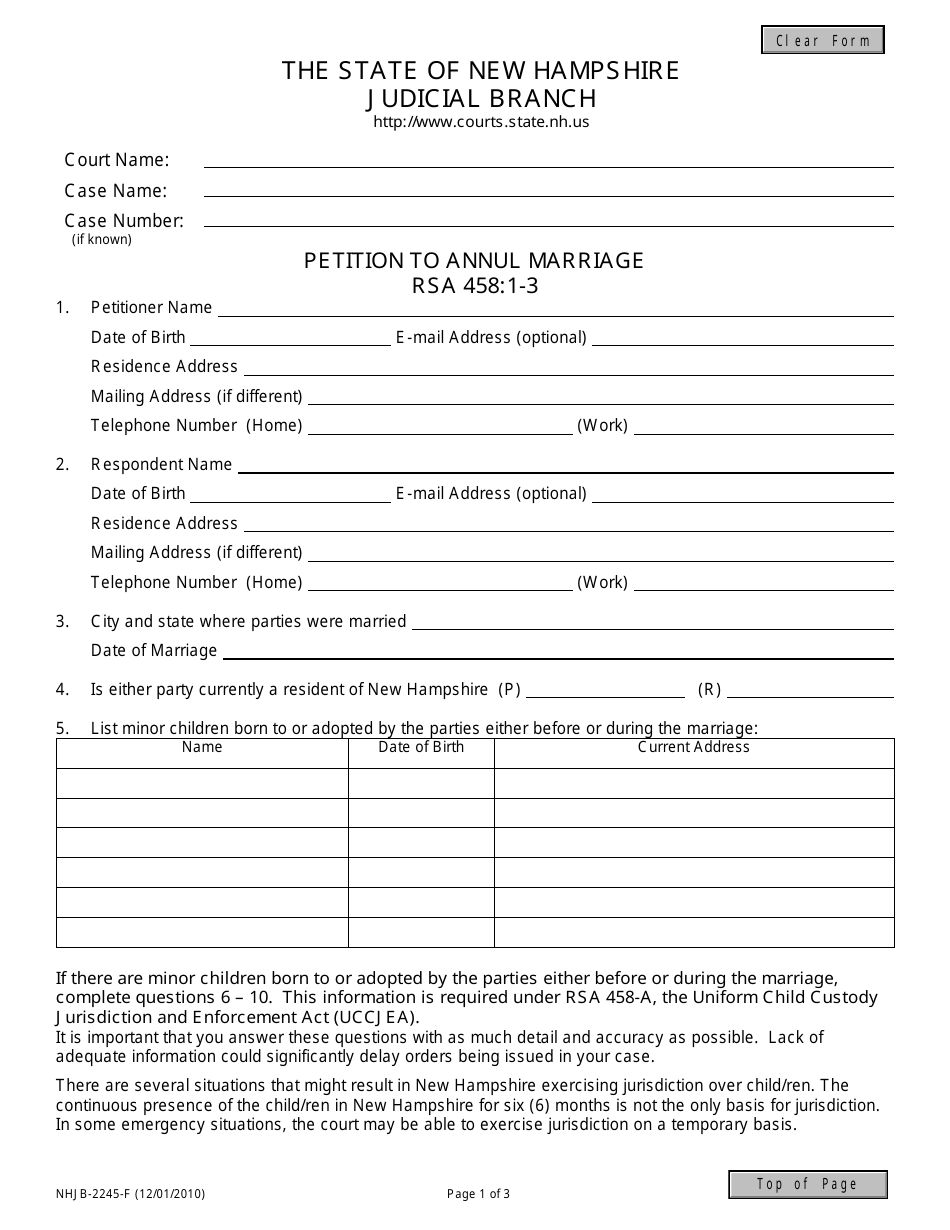 Form NHJB-2245-F Petition to Annul Marriage - New Hampshire, Page 1