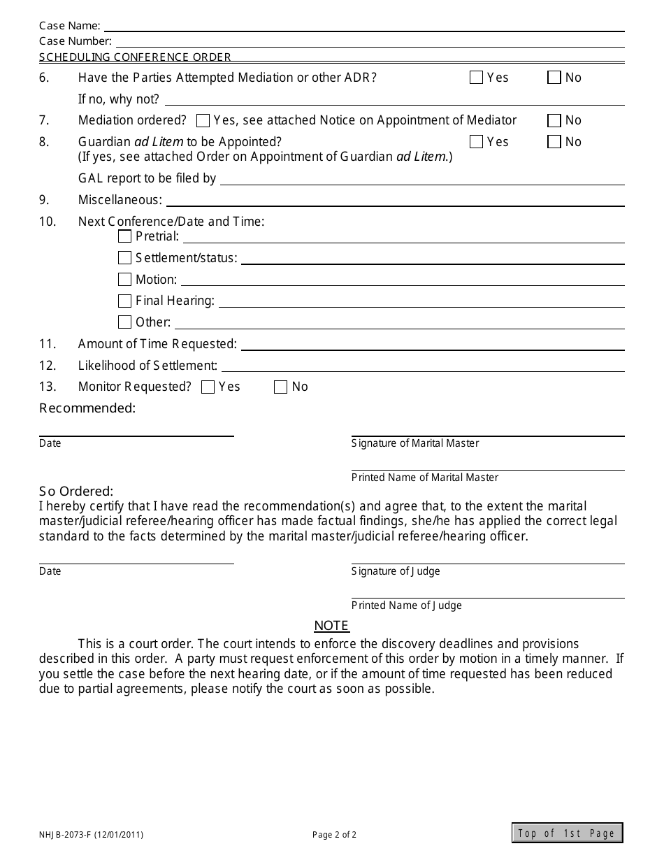 Form NHJB-2073-F Scheduling Conference Order - New Hampshire, Page 2