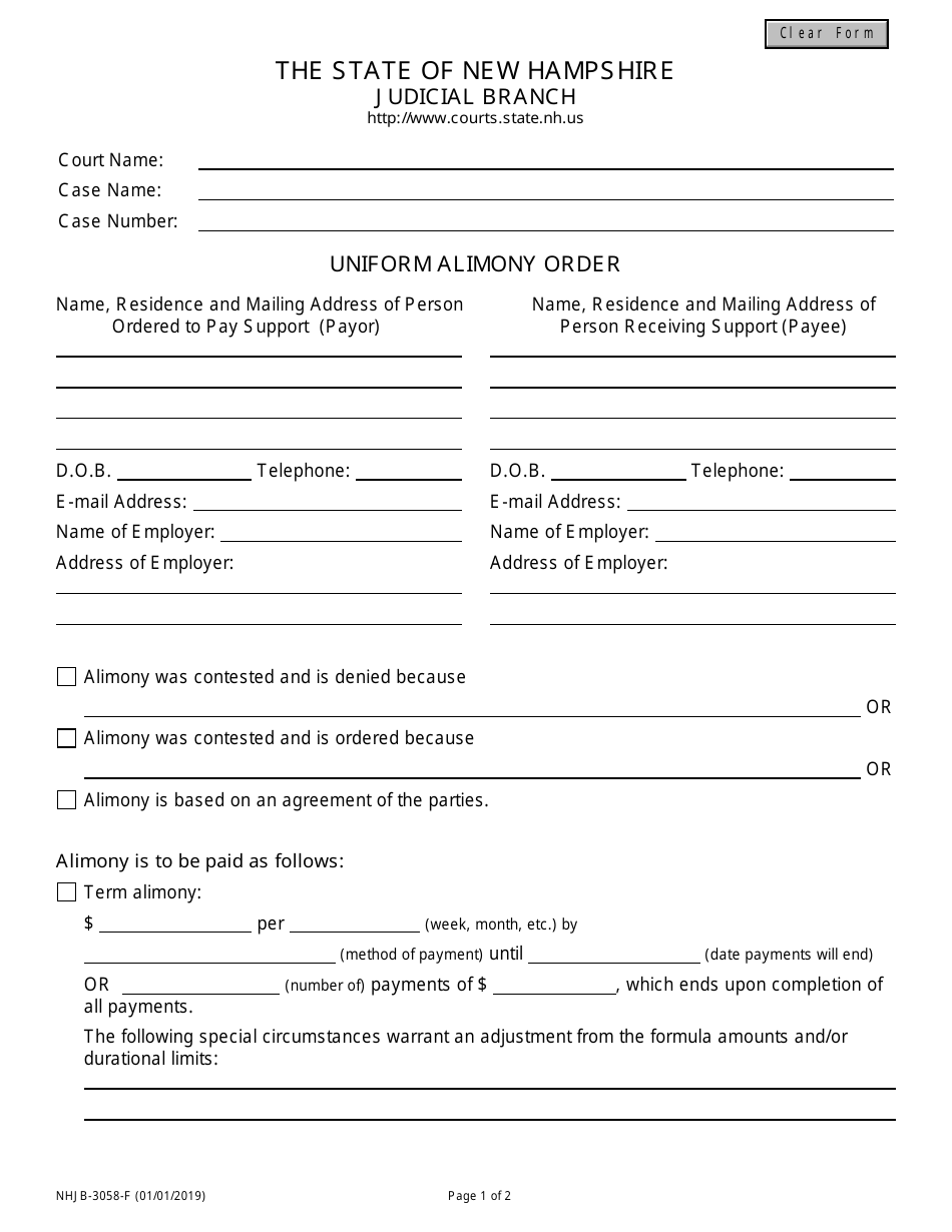 Form NHJB-3058-F Uniform Alimony Order - New Hampshire, Page 1