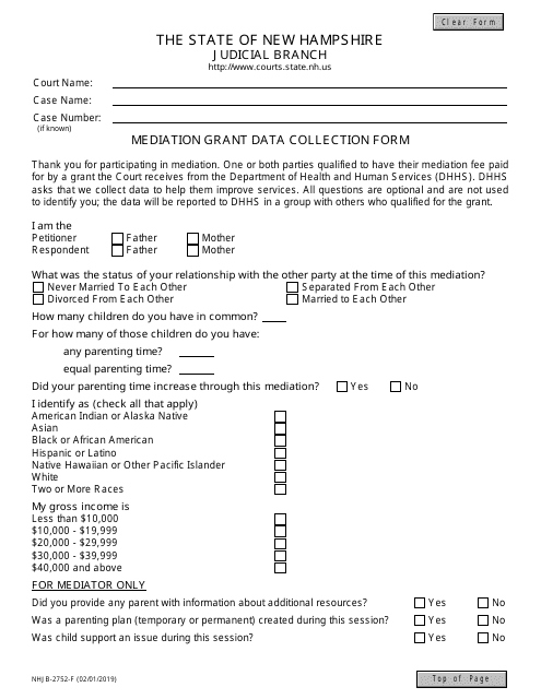 Form NHJB-2752-F Mediation Grant Data Collection Form - New Hampshire