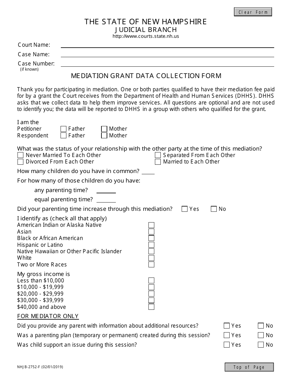 Form NHJB-2752-F Mediation Grant Data Collection Form - New Hampshire, Page 1