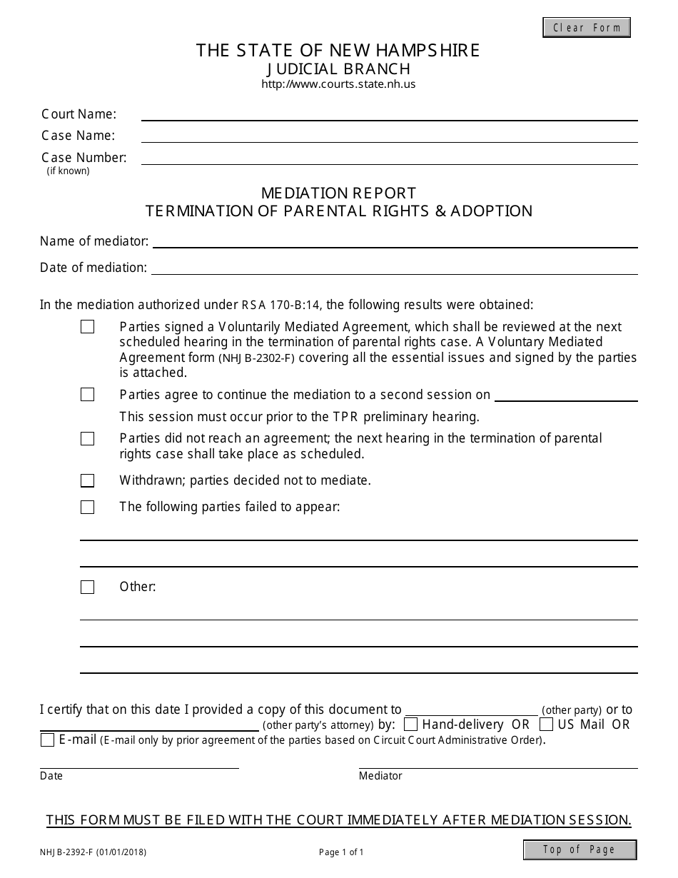 Form NHJB-2392-F Adoption Mediation Report - New Hampshire, Page 1