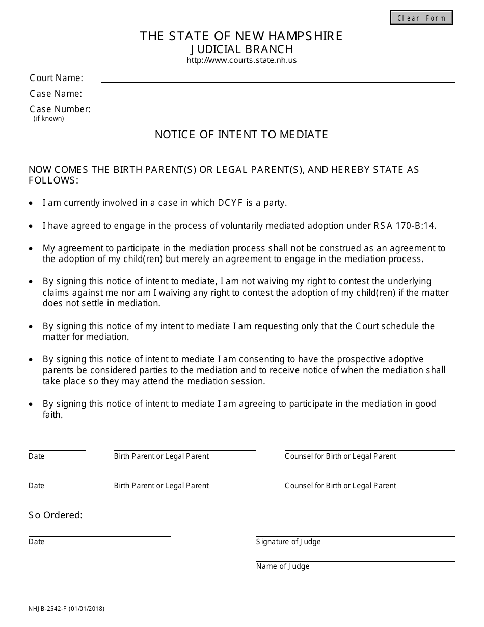 Form NHJB-2542-F Notice of Intent to Mediate - New Hampshire, Page 1