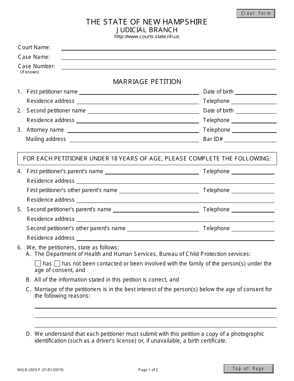 Form NHJB-2603-F Marriage Petition - New Hampshire, Page 1