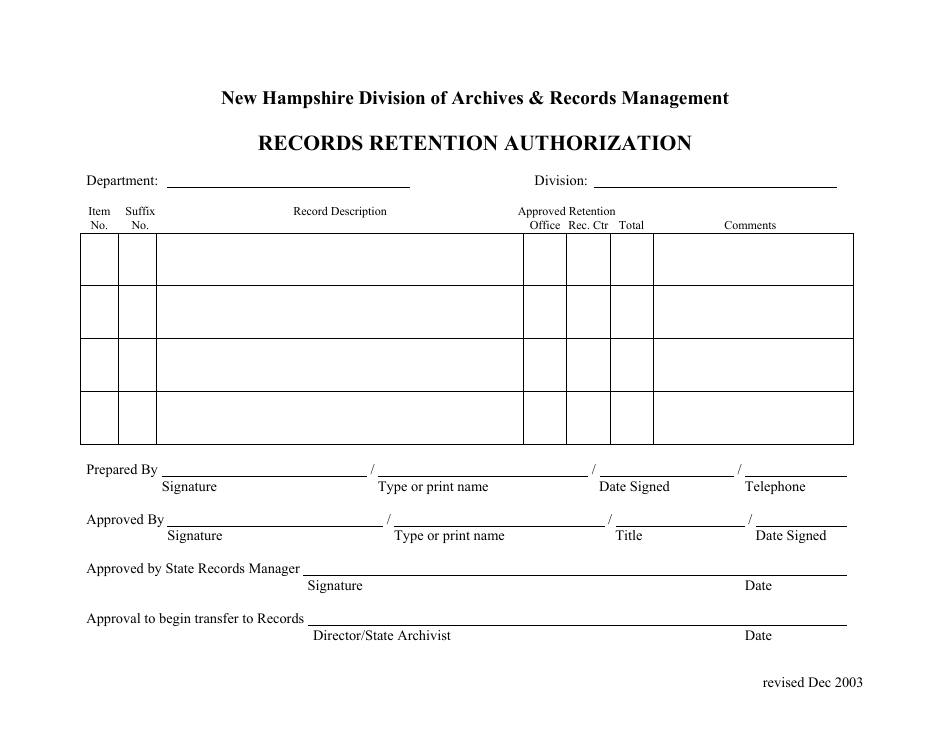 Records Retention Authorization Form - New Hampshire, Page 1