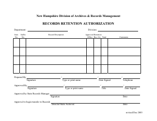 Document preview: Records Retention Authorization Form - New Hampshire