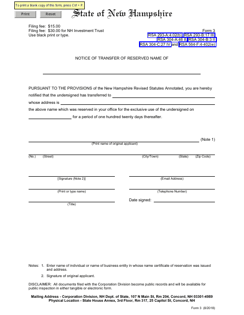 Form 3 Notice of Transfer of Reserved Name - New Hampshire