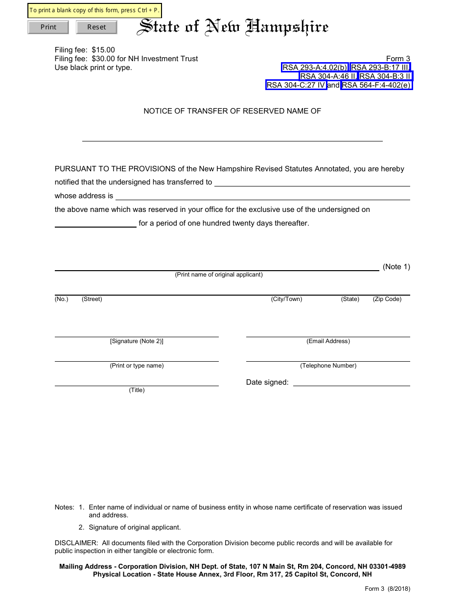 Form 3 Notice of Transfer of Reserved Name - New Hampshire, Page 1