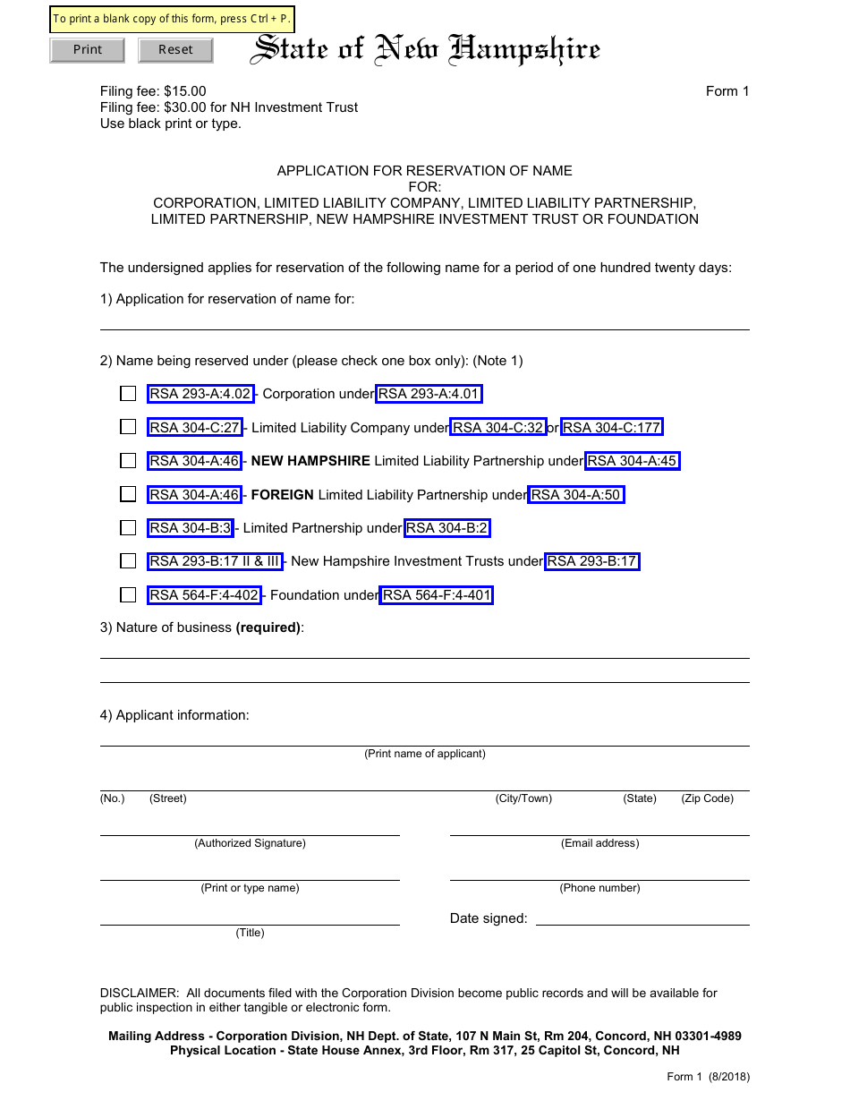 Form 1 Application for Reservation of Name for Corporation, Limited Liability Company, Limited Liability Partnership, Limited Partnership, New Hampshire Investment Trust or Foundation - New Hampshire, Page 2