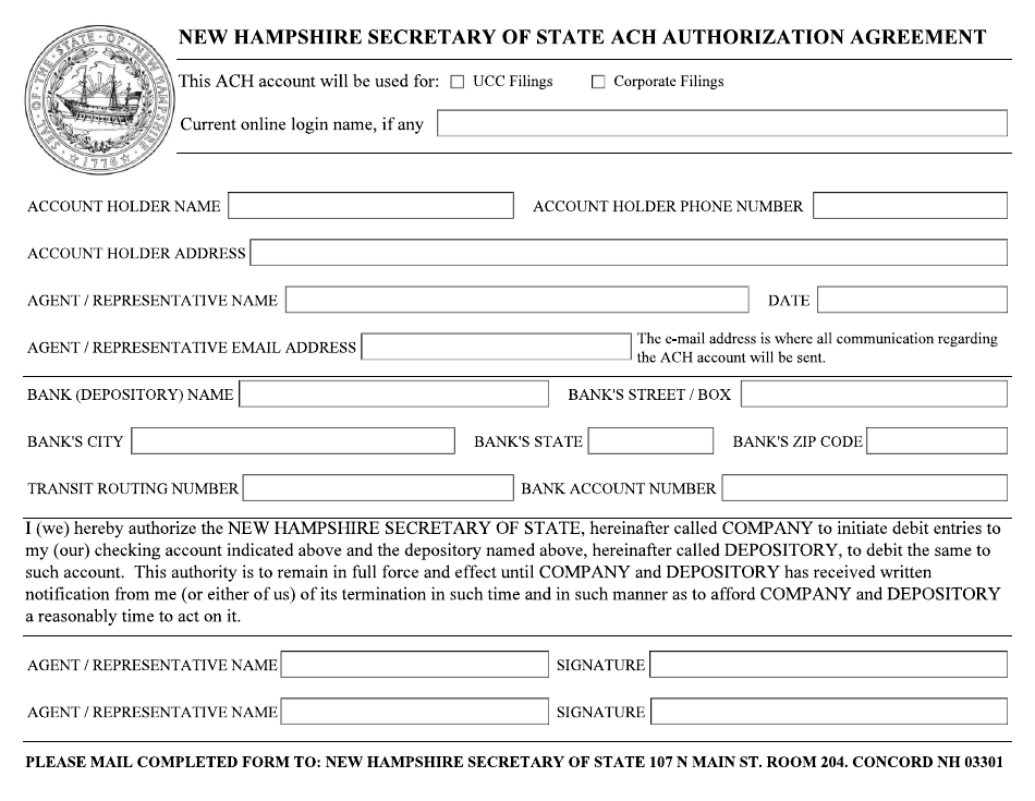 ACH Authorization Agreement - New Hampshire, Page 1