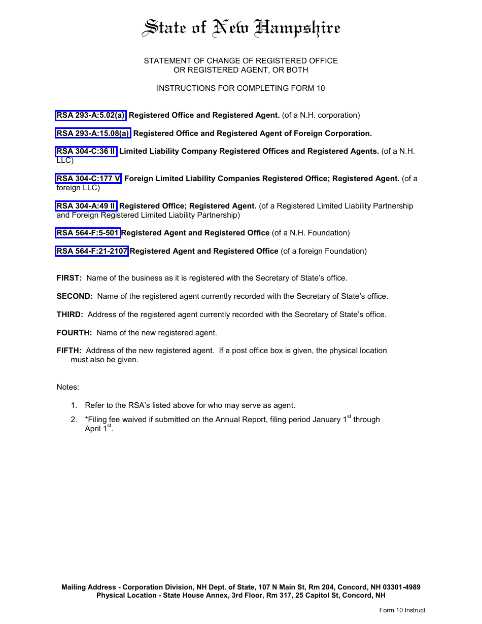 Form 10 Statement of Change of Registered Office or Registered Agent, or Both - New Hampshire, Page 1