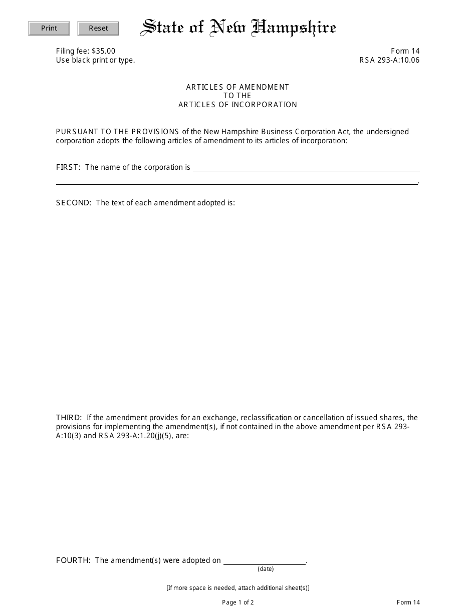 Form 14 Articles of Amendment to the Articles of Incorporation - New Hampshire, Page 1