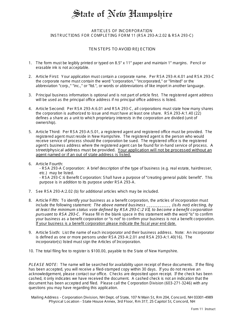 Form 11 Articles of Incorporation - New Hampshire, Page 1