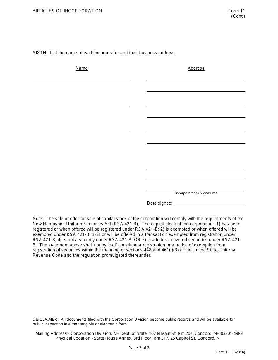 Form 11 Articles of Incorporation - New Hampshire, Page 3