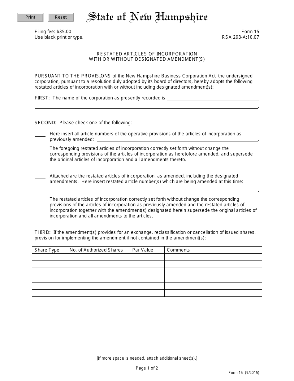 Form 15 Restated Articles of Incorporation With or Without Designated Amendment(S) - New Hampshire, Page 1