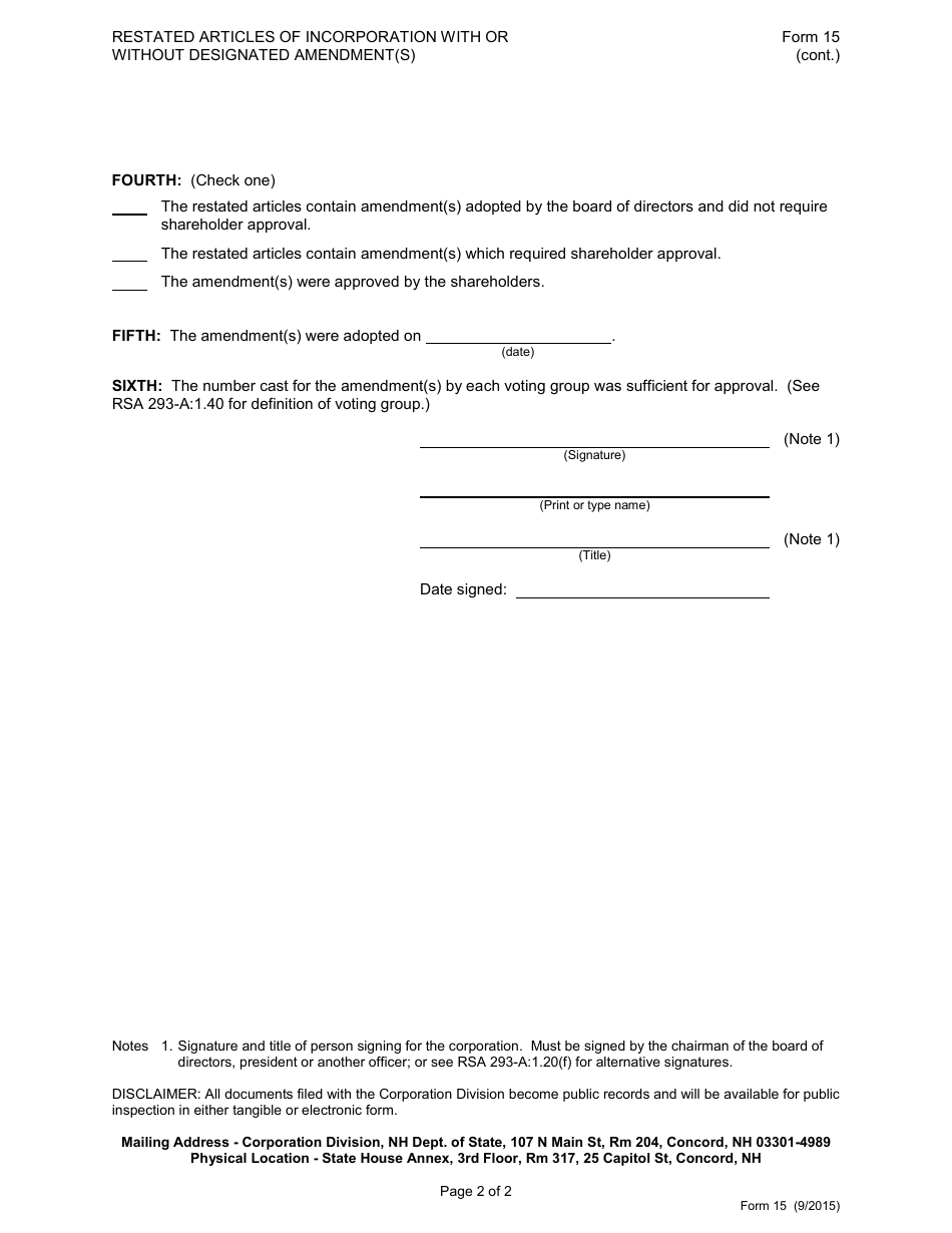 Form 15 Restated Articles of Incorporation With or Without Designated Amendment(S) - New Hampshire, Page 2