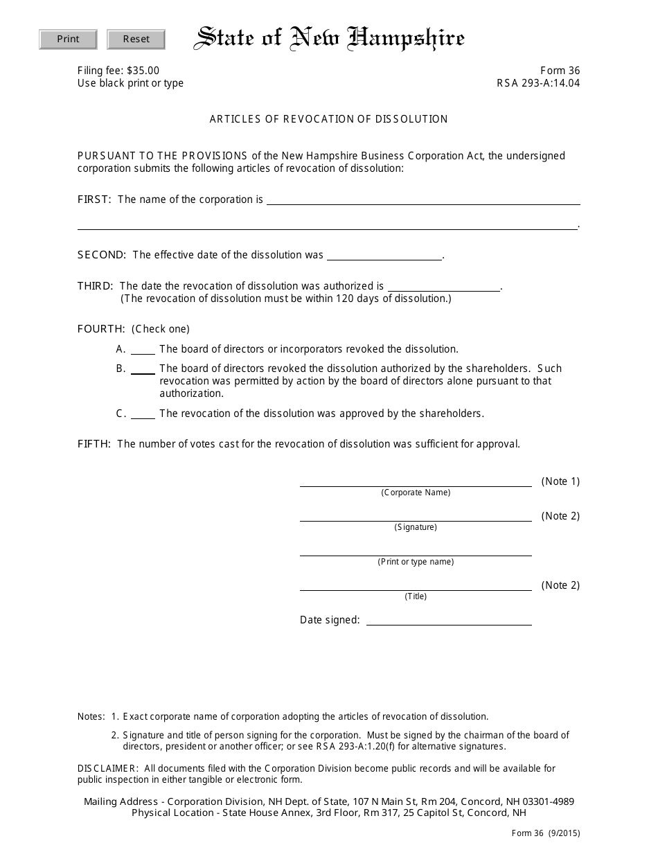 Form 36 Articles of Revocation of Dissolution - New Hampshire, Page 1