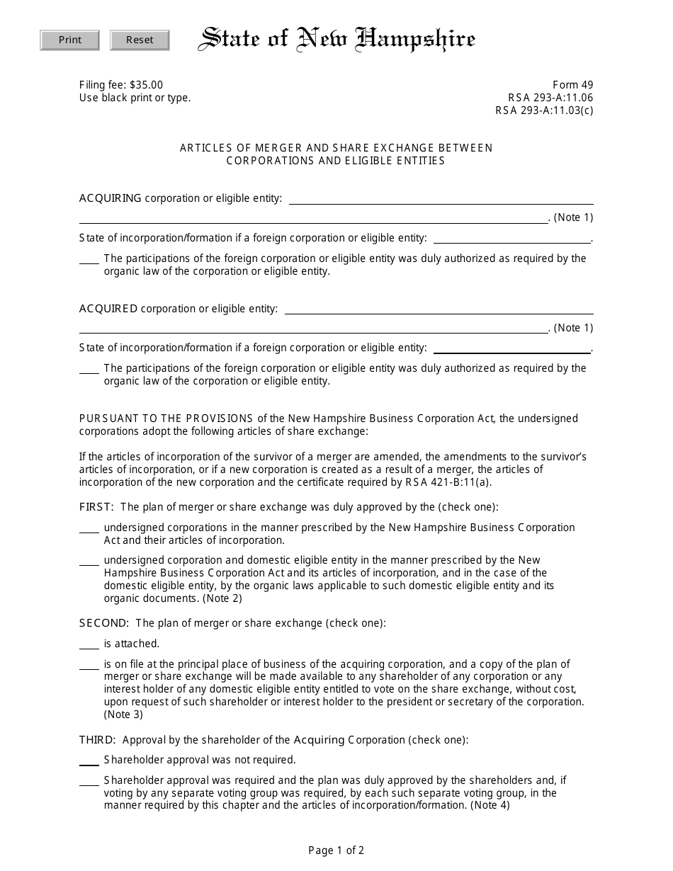 Form 49 Articles of Merger and Share Exchange Between Corporations and Eligible Entities - New Hampshire, Page 1