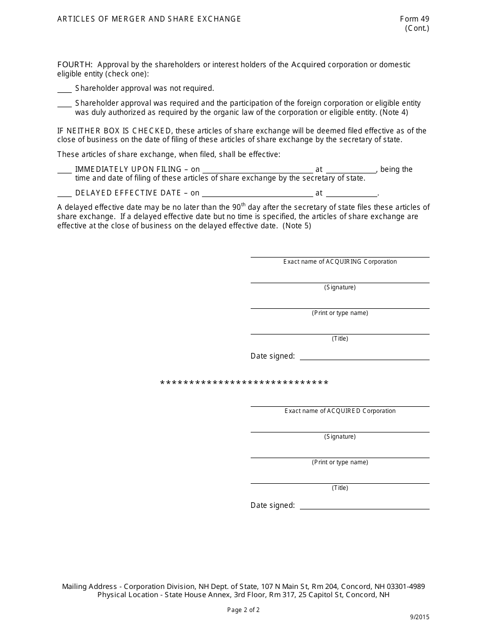 Form 49 Articles of Merger and Share Exchange Between Corporations and Eligible Entities - New Hampshire, Page 2