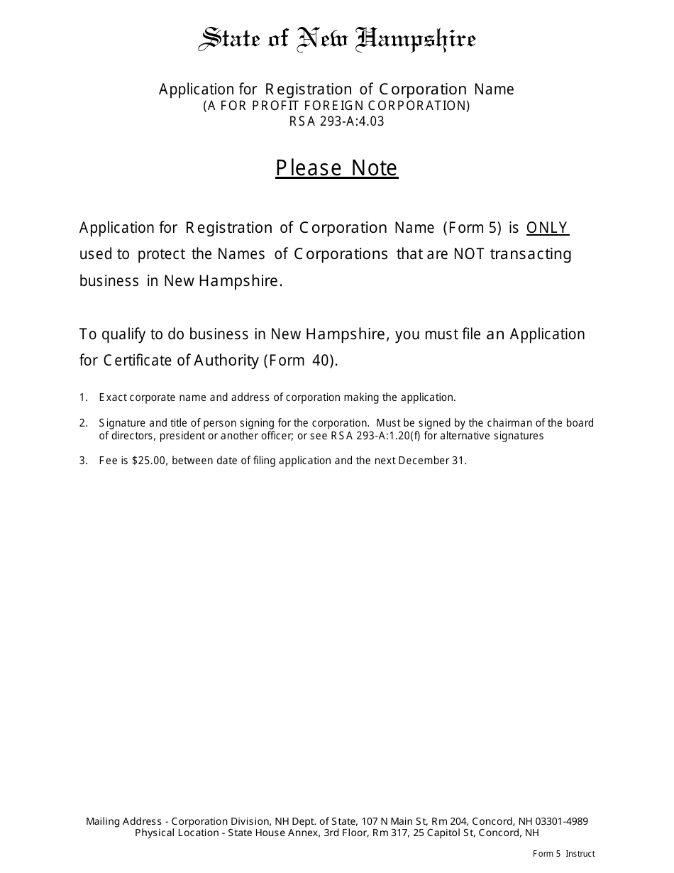Form 5 Application for Registration of Corporate Name (A for Profit Foreign Corporation) - New Hampshire, Page 1
