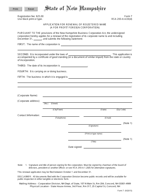 Form 7 Application for Renewal of Registered Name (A for Profit Foreign Corporation) - New Hampshire