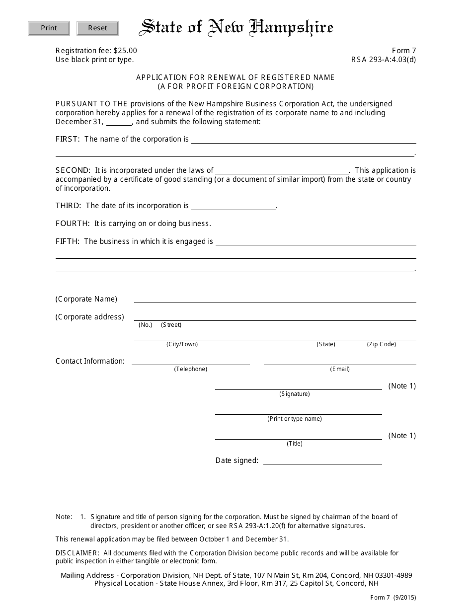 Form 7 Application for Renewal of Registered Name (A for Profit Foreign Corporation) - New Hampshire, Page 1
