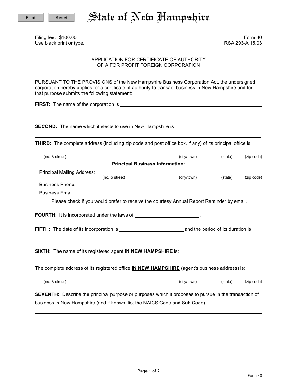 Form 40 Application for Certificate of Authority of a for Profit Foreign Corporation - New Hampshire, Page 2