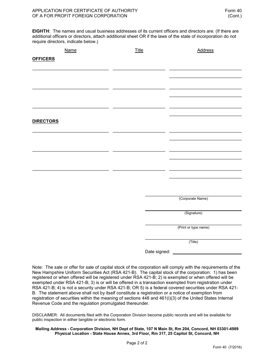 Form 40 Application for Certificate of Authority of a for Profit Foreign Corporation - New Hampshire, Page 3