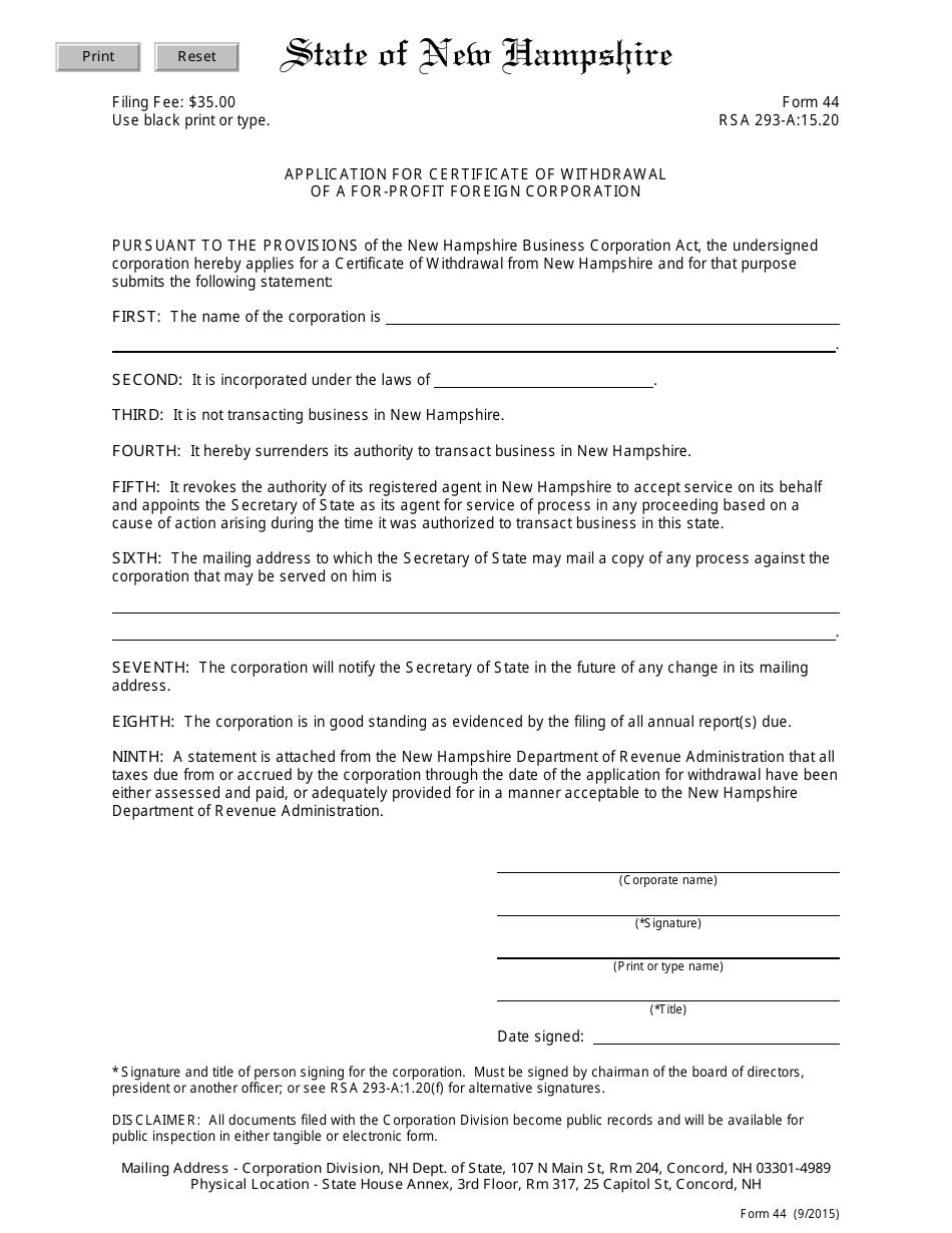 Form 44 Application for Certificate of Withdrawal of a for-Profit Foreign Corporation - New Hampshire, Page 2