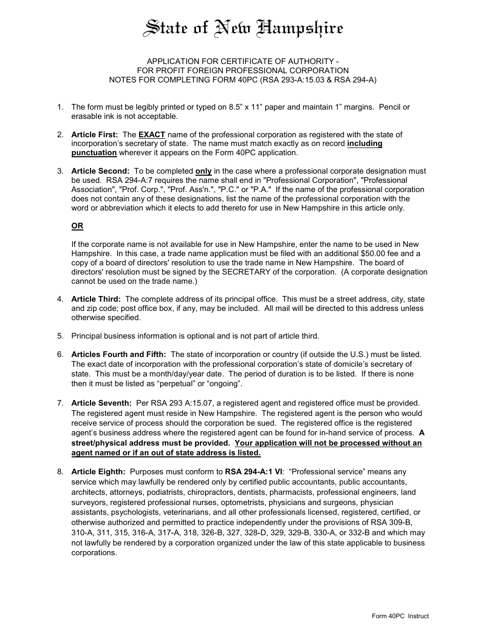 Form 40PC Application for Certificate of Authority of a for Profit Foreign Professional Corporation - New Hampshire, Page 1