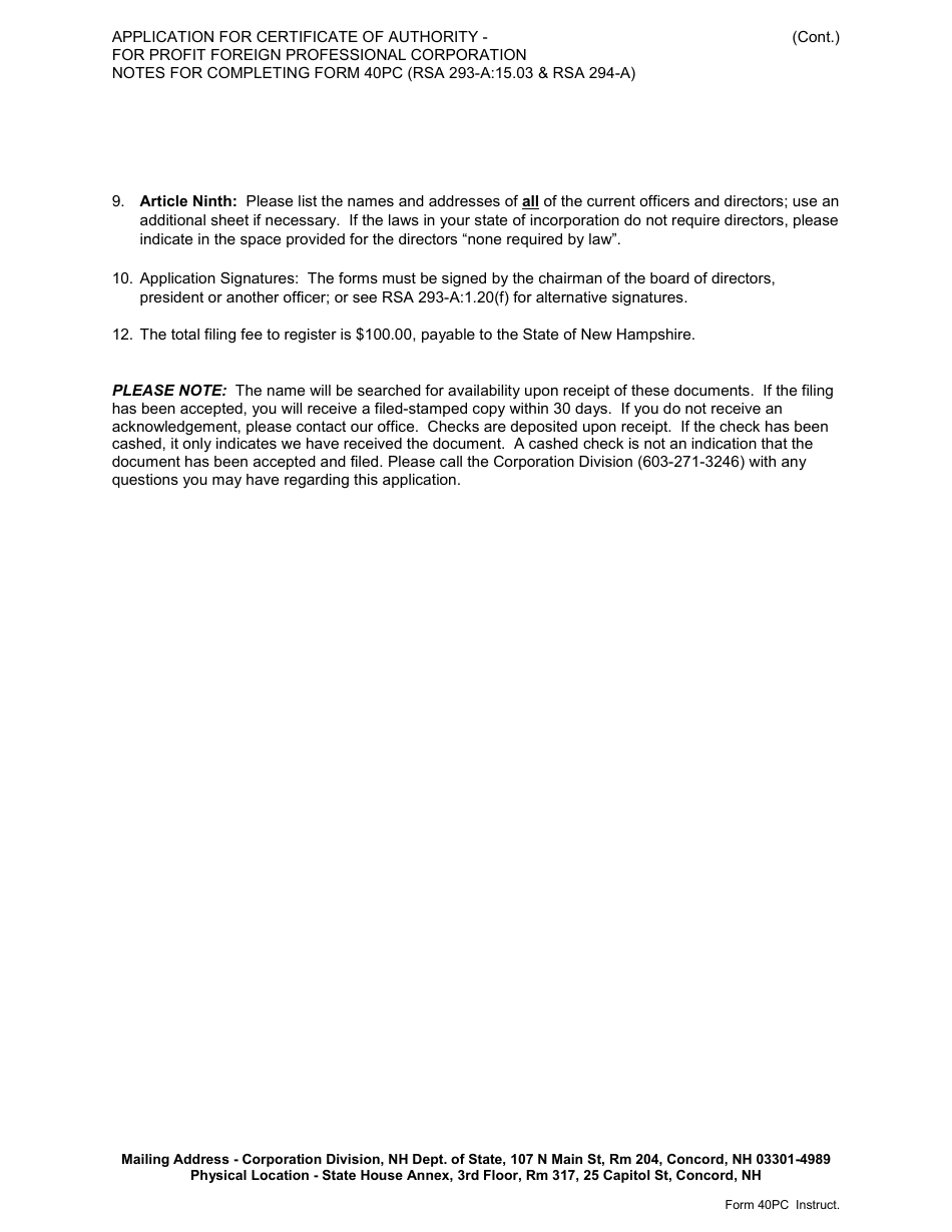 Form 40PC Application for Certificate of Authority of a for Profit Foreign Professional Corporation - New Hampshire, Page 2