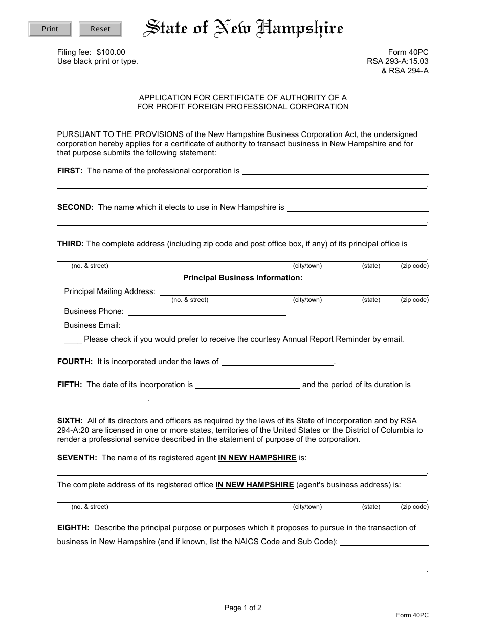 Form 40PC Application for Certificate of Authority of a for Profit Foreign Professional Corporation - New Hampshire, Page 3